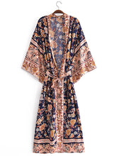 Beachwear Floral Print Black Color Cotton Long Length Gown Kimono Duster Robe